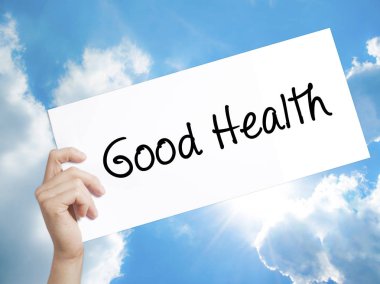 Beyaz kağıt üzerinde iyi sağlık işareti. Tex ile kağıt tutan adam el