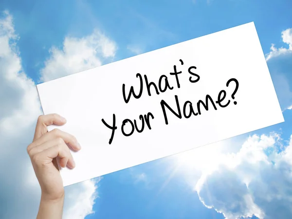 What\'s your Name? Sign on white paper. Man Hand Holding Paper wi