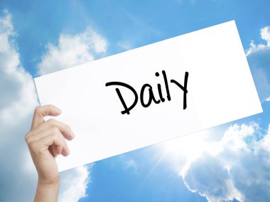 Beyaz kağıt günlük işareti. Adam el Holding Kağıt metin. ISO