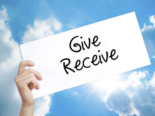 Give Receive Sign on white paper. Man Hand Holding Paper with te — Stock Photo, Image