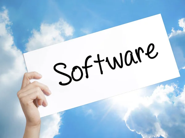 Software Firme en el libro blanco. Hombre de mano sosteniendo papel con texto . — Foto de Stock