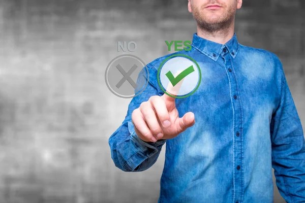 Hand of man press Yes button. Concept of decision making. Isolat — Stock Photo, Image