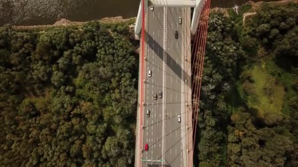 Transport-antenn av bilar på stora bron med höga pelarna passerar stora floden — Stockvideo