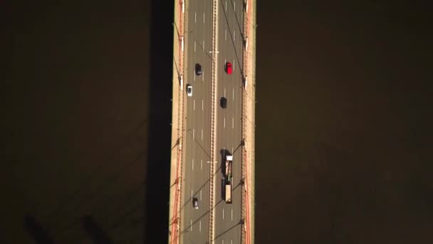 Κεραία: Φορτηγό φορτίου οδήγηση πάνω από την εθνική οδό οδογέφυρα. Φωτογραφική μηχανή μετά από φορτηγό. Με θέα στην πόλη — Αρχείο Βίντεο