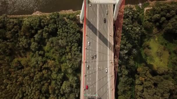 Transportantenne von Autos auf großer Brücke mit hohen Säulen, die großen Fluss überqueren — Stockvideo