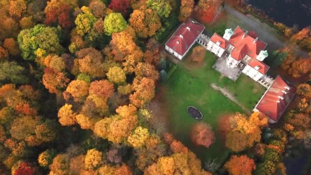 Sonbahar orman güzel kalede üzerinde uçan. Peyzaj park yeşil ağaçlar ormanlar ile sonbaharda bulunan. 4 k havadan görünümü. — Stok video