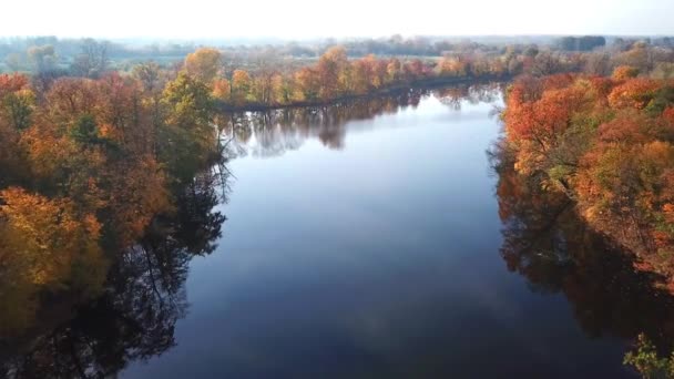 Vista aerea. Sorvolando il bellissimo fiume d'autunno. Fotocamera aerea ripresa — Video Stock