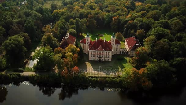 Krásný letecký pohled na hrad v podzimní sezóně. Dvojměstí palác a cestování. Letecký snímek 4k DRONY — Stock video