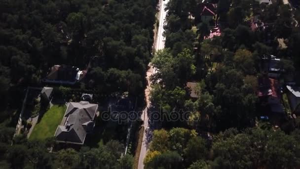 Vue aérienne survolant la route route forestière à deux voies avec des voitures fourgonnette déplaçant des arbres verts de forêts denses poussant des deux côtés - prise de vue avec drone quad copter oiseaux vue de dessus — Video