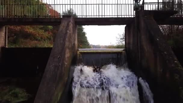 L'acqua scorre attraverso un piccolo canale, passando una diga. Colpo aereo 4k — Video Stock