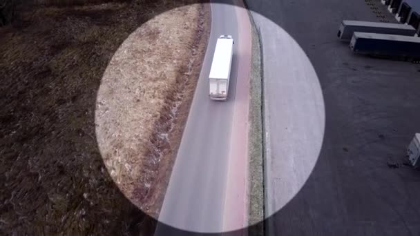 Aerial Shot Truck Attached Semi Trailer Leaving Industrial Warehouse Storage — Stock Video