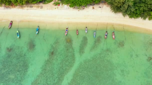 Bărci lângă ţărmul insulei. Vase de pescuit tradiționale colorate plutind pe apă albastră calmă lângă coasta de nisip alb a insulei tropicale exotice a paradisului. Vedere prin frunze de palmier verde. Phuket — Videoclip de stoc