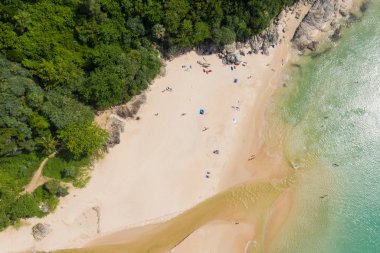 Aerial flying drone view of Kot Noi Beach white sandy beach on s