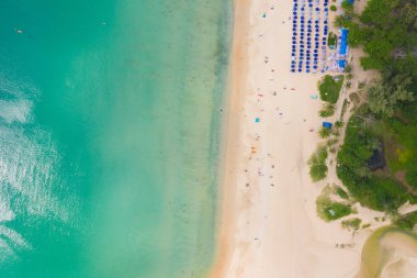 Aerial flying drone view of Kot Noi Beach white sandy beach on s