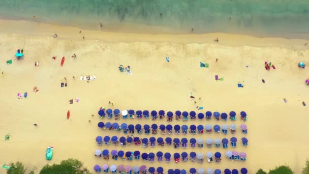 Aerial Wysoki kąt widzenia ludzi cieszyć się pływanie i relaks na plaży w Phuket Tajlandia Patong plaża jest bardzo znanym miejscem turystycznym w Phuket 4k widok z lotu ptaka Drone top down Piękna plaża — Wideo stockowe