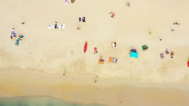 Vista aérea de ángulo alto de las personas disfrutan de la natación y relajarse en la playa en Phuket Tailandia La playa de Patong es un destino turístico muy famoso en Phuket Vista aérea 4k Drone top down Beautiful beach — Vídeos de Stock