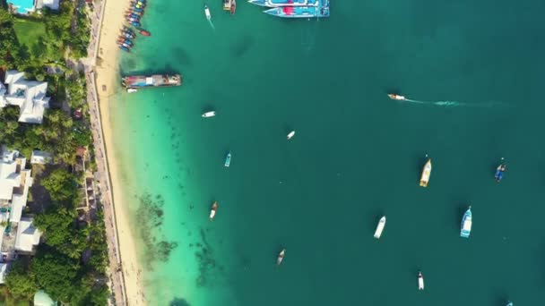 AERIAL Impressionante tiro de porto ilha tropical em uma manhã tranquila refrescante. Barcos atracados e balsas esperam por multidões de turistas para levá-los ilha pulando em torno das espetaculares Ilhas Phi Phi — Vídeo de Stock