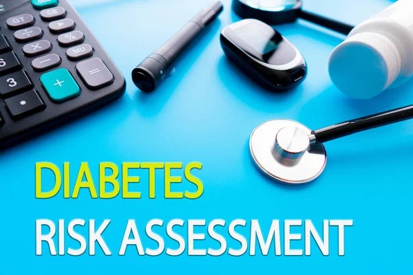 Diabetes Risk Assessment text.. Diabetes mellitus, type 2 diabetes and insulin production concept on blue background. Header or footer banner template with copy space.