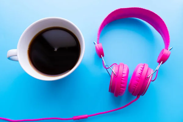 Headphones Coffee Cup Blue Background Music Concept Top View Copy — Stock Photo, Image