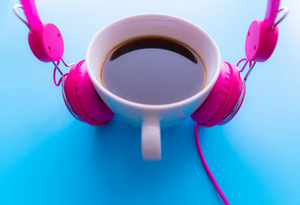 Headphones Coffee Cup Blue Background Music Concept Top View Copy — Stock Photo, Image