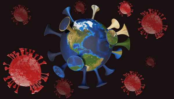 지구는 갈림길 배경에서 바이러스로 변한다 코로나 바이러스 Covid 삽화가 세계를 — 스톡 사진