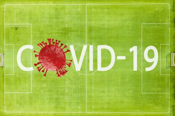Coronavirus or covid-19 banner in football or soccer in coronavirus outbreak of a pandemic disease concept. The crisis of covid-19 disease on sports.