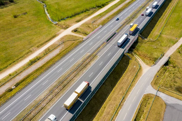 Aerial Follow Shot White Semi Truck Cargo Trailer Attached Moving Stock Photo