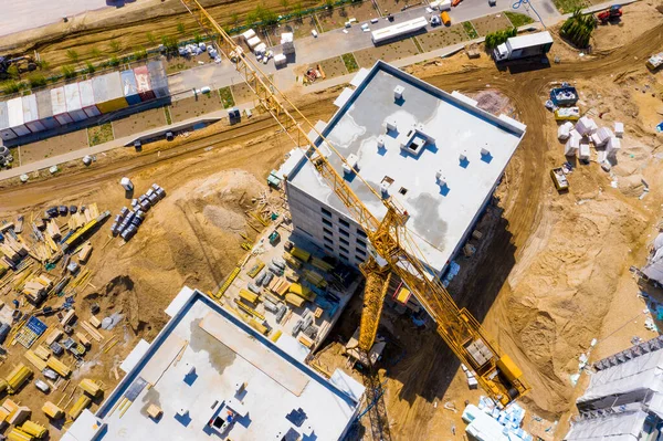 Vista Aérea Olho Pássaro Canteiro Obras Guindastes Construção Que Olham — Fotografia de Stock