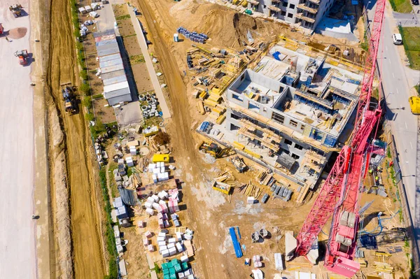 Luftaufnahme Von Turmhebekran Und Betonrahmen Eines Hohen Wohnhauses Bau Einer — Stockfoto