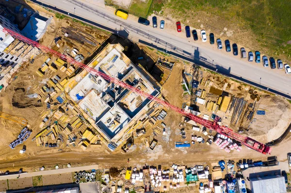 Bouwplaats Met Kranen Bouwvakkers Bouwen Zicht Vanuit Lucht Bouwplaats Van — Stockfoto