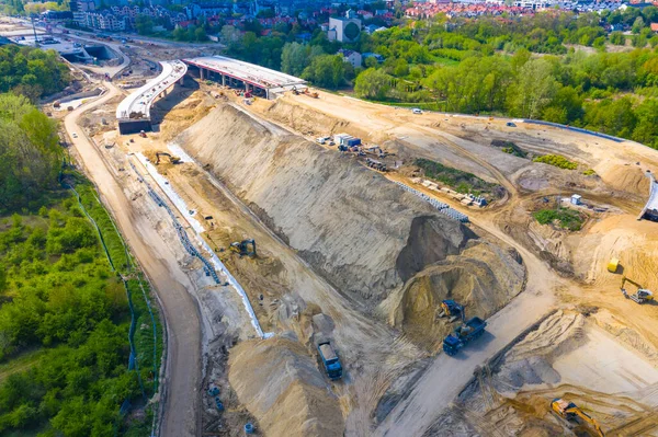 Вид Сверху Новую Дорожную Стройплощадку Строительство Новой Городской Автомагистрали — стоковое фото