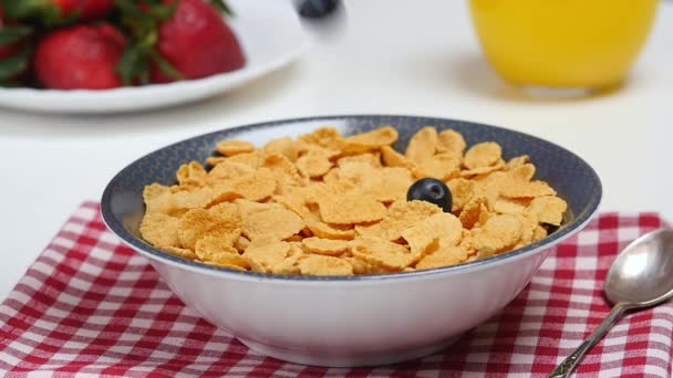 Сніданок. Ягоди падають в миску з кукурудзяними пластівцями — стокове відео