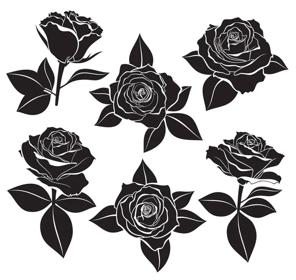 Vector set of Rose buds, stems and leaves with white contour line and silhouettes in black color. Vector illustration for design and tattoo on white background. — Stock Vector