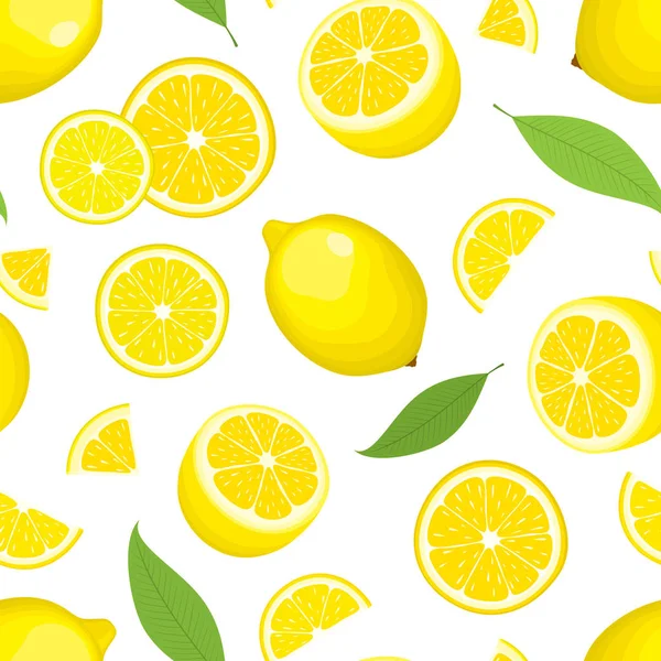 Fondo sin costura vectorial del producto cítrico - limón con hojas sobre fondo blanco. Frutas enteras y rebanadas. Diseño de cubierta . — Vector de stock