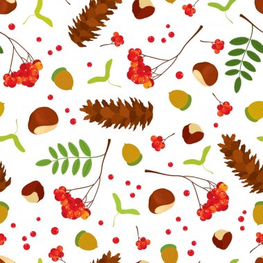 Forest seamless pattern of acorns, chestnuts, maple seeds, Rowan berry bunch with leaves, sugar pine cone on white background. Vector illustration for design. clipart