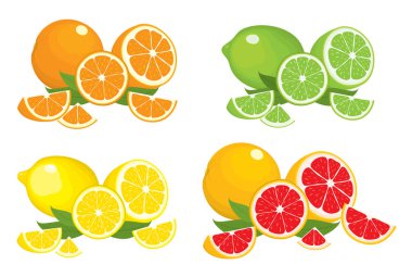 Collection of citrus products - orange, lemon, lime and grapefruit with leaves, isolated on white background. Vector set of whole fruits and slices. Colourful illustration for design.  clipart