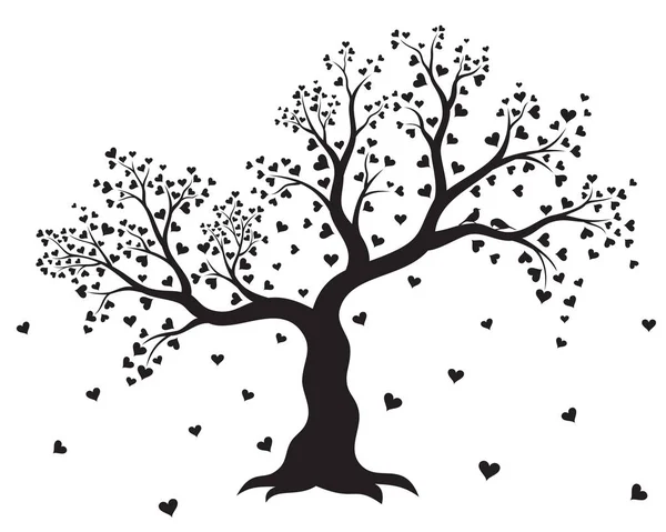 Ilustração vetorial de árvore decorativa, abstrata com corações e par de pássaros na cor preta no fundo branco. Etiqueta de parede . — Vetor de Stock