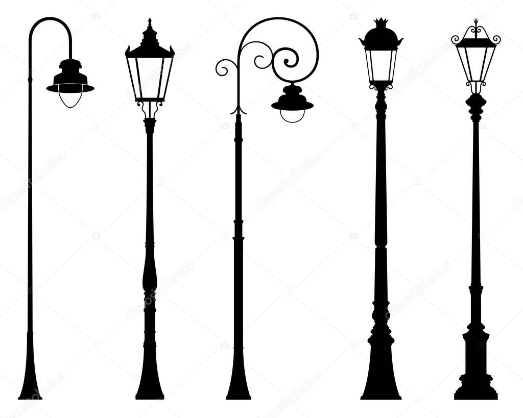 Vector set of decorative street lantern silhouettes in retro style, in black color, isolated, on white background. 