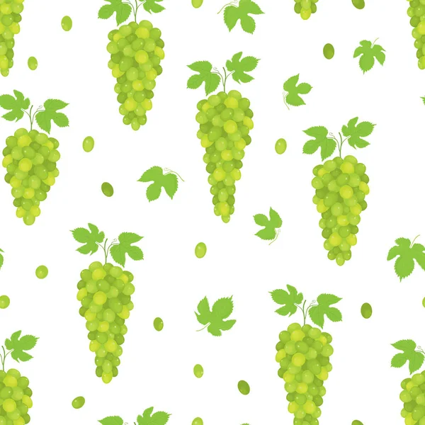 Vector Seamless Pattern Realistic Fresh Green Grape Bunches Leaves White — Stock vektor