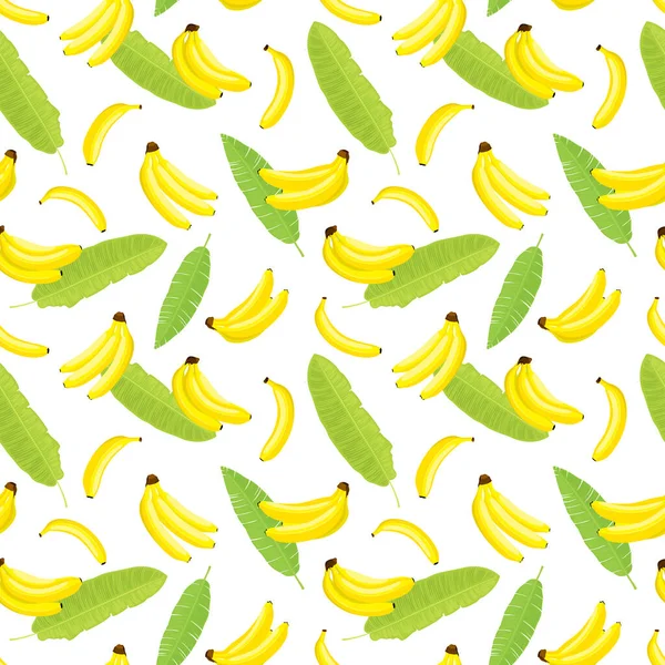 Vector Naadloos Patroon Van Rijp Realistisch Vers Bananenfruit Met Bladeren — Stockvector