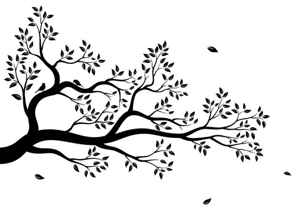 Векторная Иллюстрация Изолированной Реалистичной Ветви Дерева Листьями Двумя Птицами Чёрного Стоковый вектор
