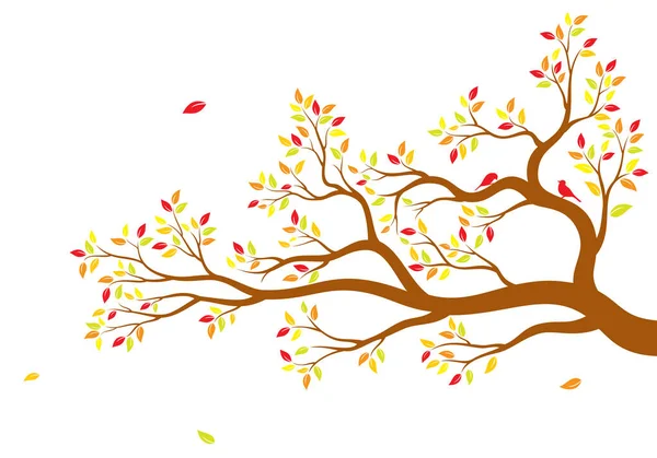 Векторная Иллюстрация Изолированной Реалистичной Ветви Дерева Красочными Листьями Двумя Птицами Векторная Графика