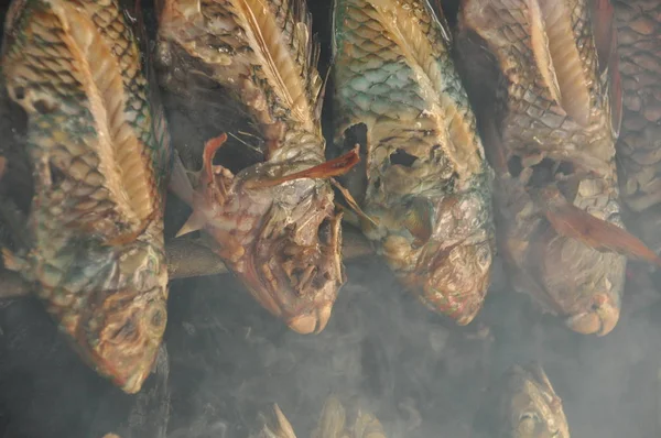 Vis van een koraalrif gebakken op de grill. Java in Indonesië. — Stockfoto