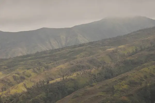 インドネシア ・ ブロモ火山を登山。クレーターと緑の谷が雲に隠されています。 — ストック写真
