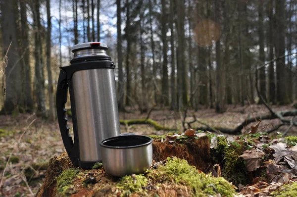Dinlenme sırasında ormanda bir yürüyüşe termos sıcak çay