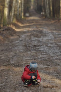 Çocuk, ormandaki çocuk. Temiz havada eğlenmek. Orman yolunda bir yürüyüş..