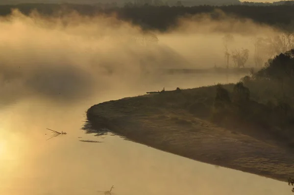 Sonnenaufgang Der Fluss Nebel Blick Auf Die Wiesen Und Den — Stockfoto
