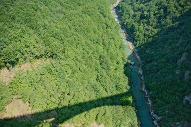 Karadağ 'daki Tara Nehri üzerindeki köprü ve kanyonun iki kıyısını birbirine bağlayan köprü. Temiz bir nehrin taştan yatağı vadinin içinden bir dağ yamacında yol boyunca akıyor..