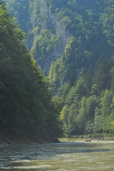 Rafting Dunajci Národním Parku Pieniny Dřevěných Skládacích Raketoplánech Přivázaných Lanem — Stock fotografie