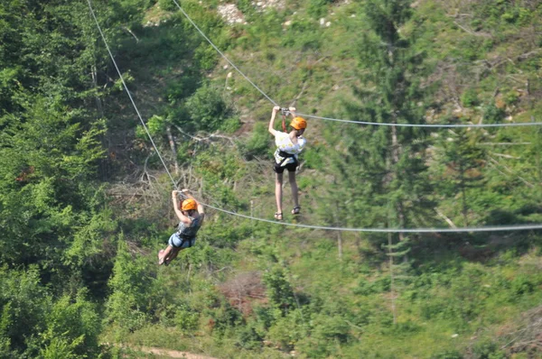 Mother Daughter Riding Zipline Tara Gorge River Montenegro Deepest Canyon — Stock Photo, Image